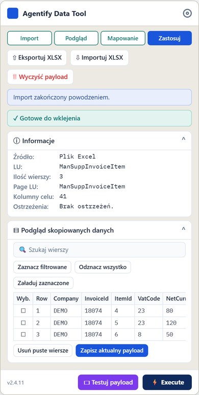 Import z Excela przed Execute