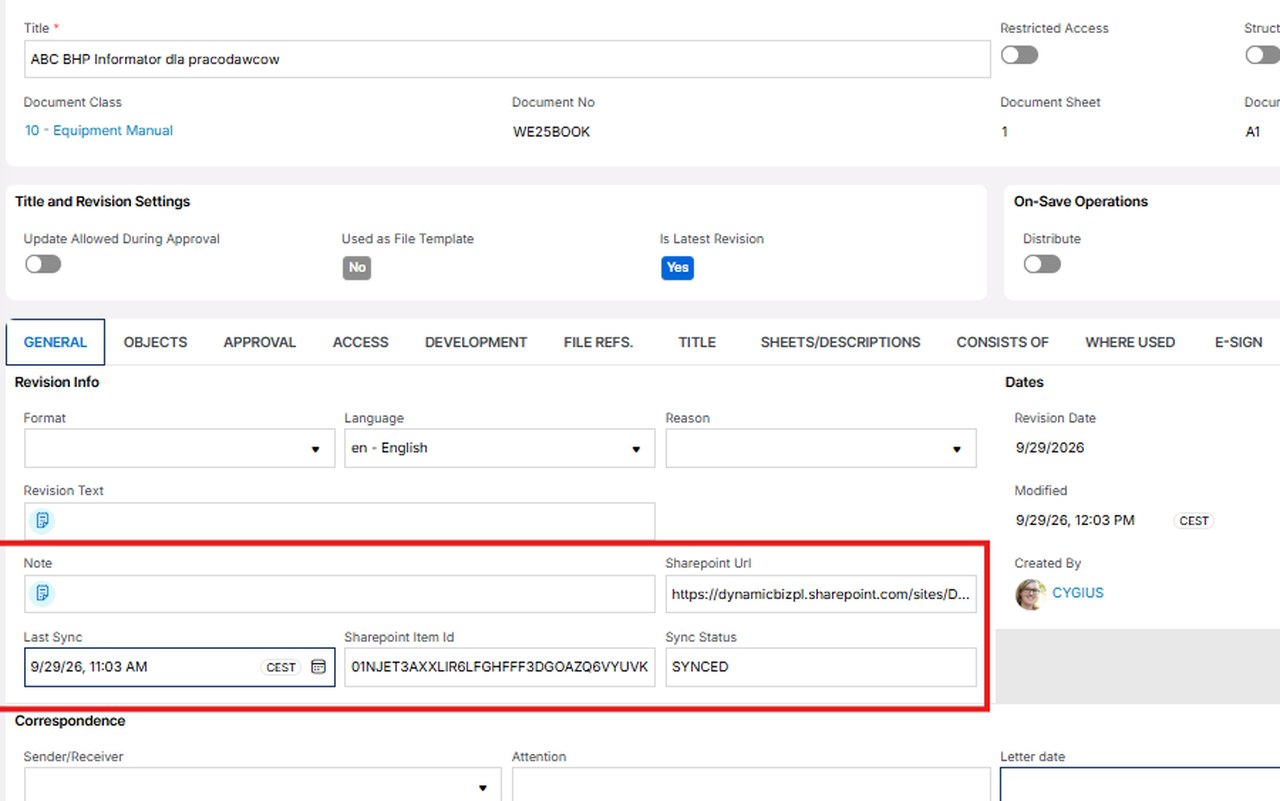 W IFS: link do SharePoint i status synchronizacji na dokumencie